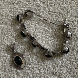 Vintage Sterling Silver 925 & Onyx Bracelet and Pendant Set